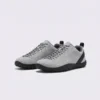 wide toe box barefoot hiking sneakers in gray, front 45-degree view of the pair on a light gray background