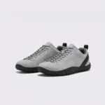wide toe box barefoot hiking sneakers in gray, front 45-degree view of the pair on a light gray background