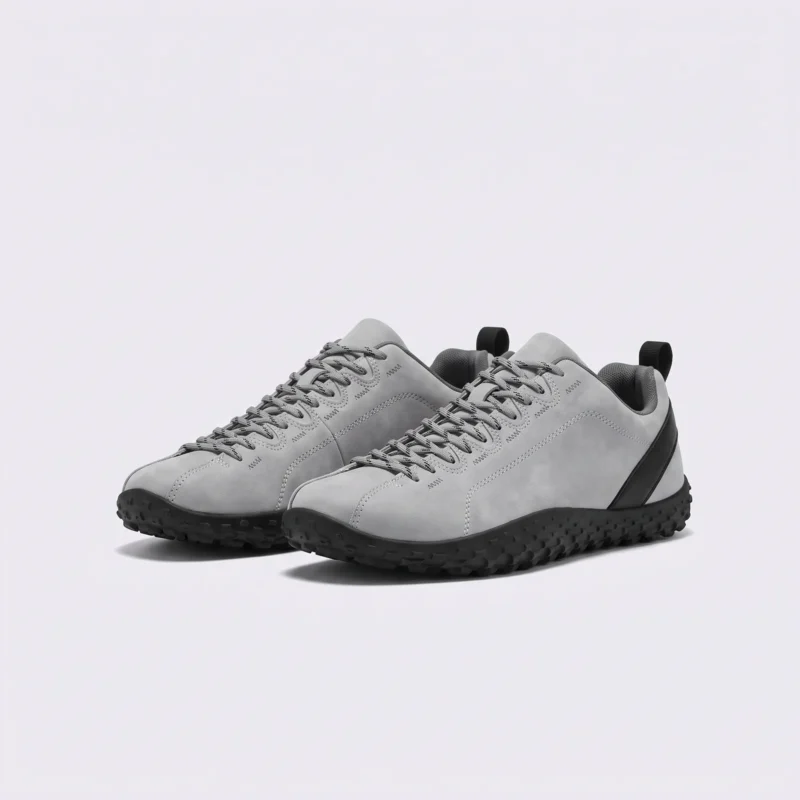 wide toe box barefoot hiking sneakers in gray, front 45-degree view of the pair on a light gray background