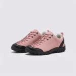 wide toe box barefoot hiking sneakers in pink, front 45-degree view of the pair on a light gray background