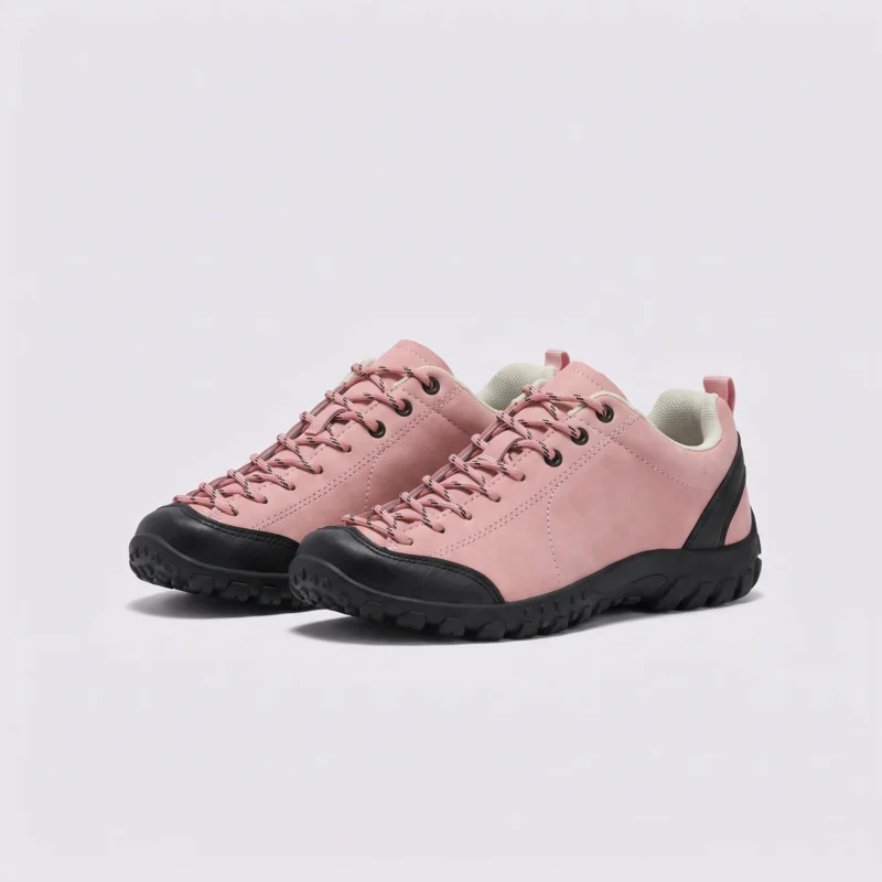 wide toe box barefoot hiking sneakers in pink, front 45-degree view of the pair on a light gray background