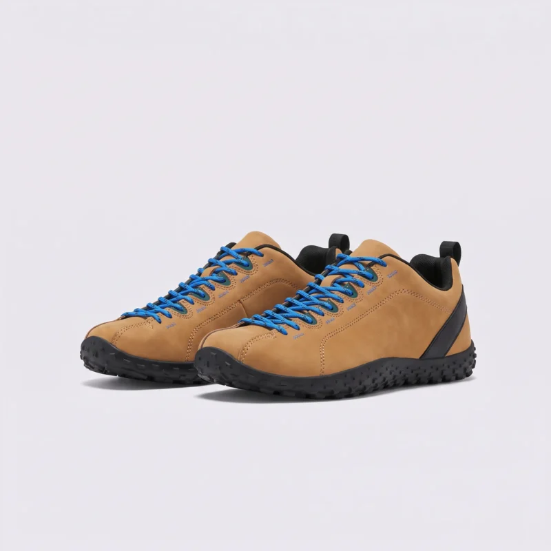 wide toe box barefoot hiking sneakers in tan, front 45-degree view of the pair on a light gray background
