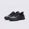 leather breathable hiking walking shoes lightweight non-slip outdoor sneakers in black, front 45-degree view of the pair on a light gray background