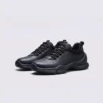 leather breathable hiking walking shoes lightweight non-slip outdoor sneakers in black, front 45-degree view of the pair on a light gray background