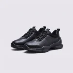 leather breathable hiking walking shoes lightweight non-slip outdoor sneakers in black, front 45-degree view of the pair on a light gray background