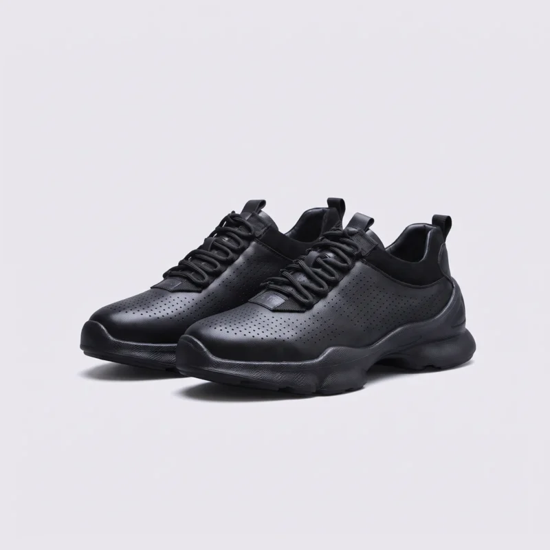 leather breathable hiking walking shoes lightweight non-slip outdoor sneakers in black, front 45-degree view of the pair on a light gray background