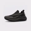 leather breathable hiking walking shoes lightweight non-slip outdoor sneakers in black, left side profile view on a light gray background
