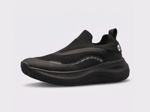 leather breathable hiking walking shoes lightweight non-slip outdoor sneakers in black, left side profile view on a light gray background