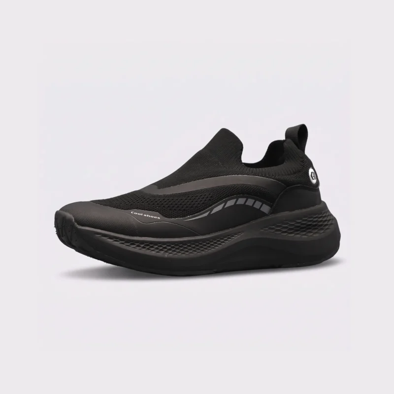 leather breathable hiking walking shoes lightweight non-slip outdoor sneakers in black, left side profile view on a light gray background