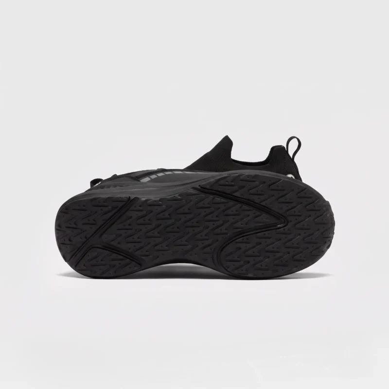 leather breathable hiking walking shoes lightweight non-slip outdoor sneakers in black, outsole tread view on a light gray background